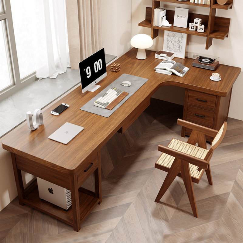 Bureau en bois de noyer massif en forme de L avec 5 tiroirs