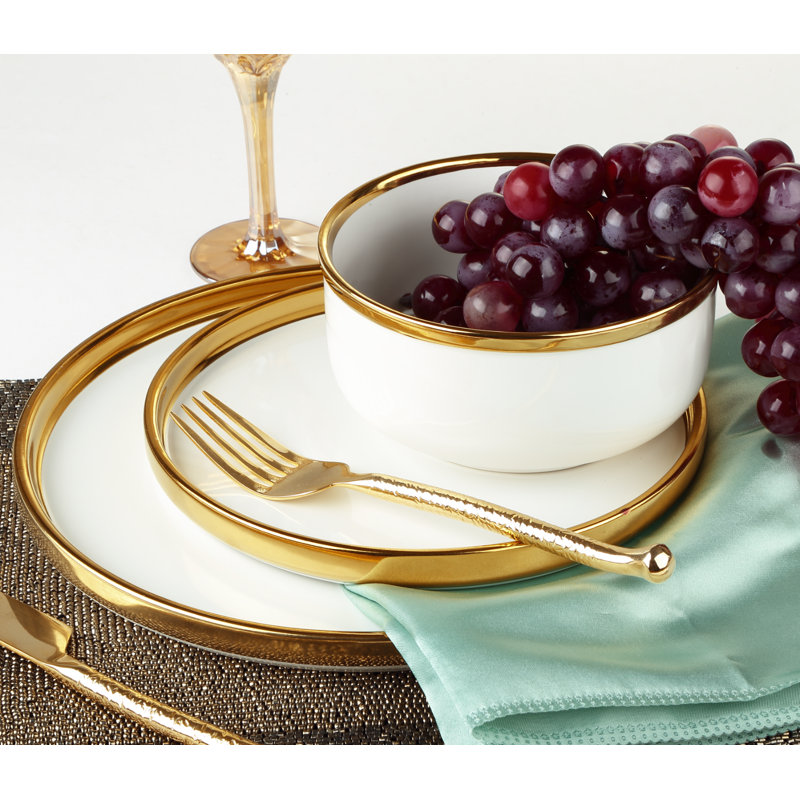 Hillcrest 12-Piece White and Gold Ceramic Dinnerware Set, Service for 4