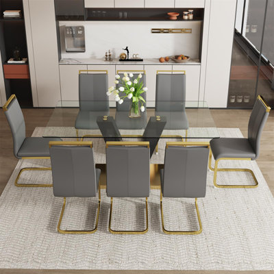 Ensemble de table de salle à manger 71 "pour 8 personnes avec plateau en verre et chaises rembourrées