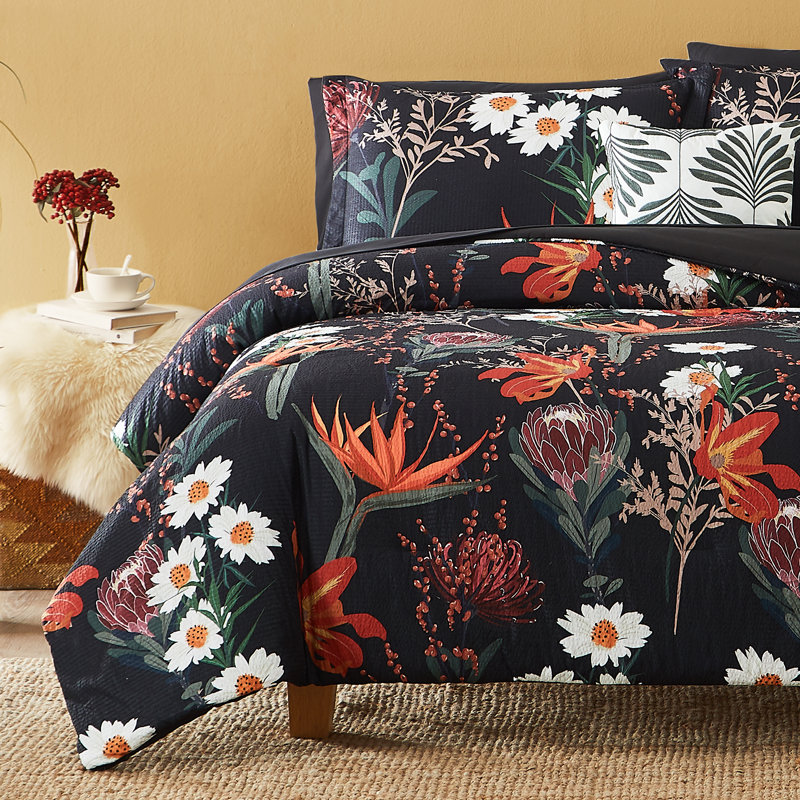 Ensemble d'édredon, ensemble d'édredon avec motif, ensemble de literie en microfibre toutes saisons, Floral orange / noir