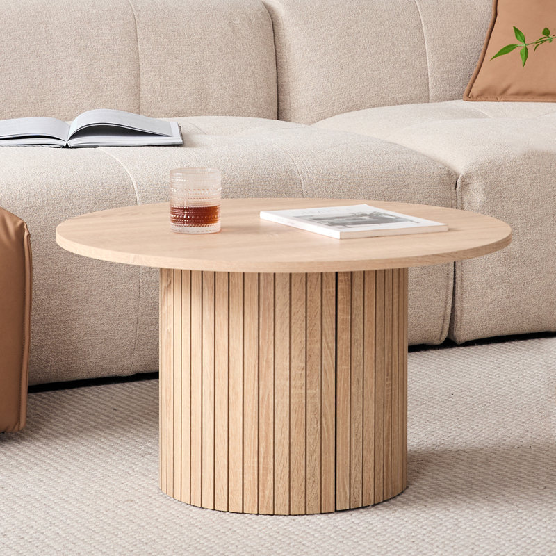 2-Piece Modern Round Coffee Table Set, 27.6"/15.7" Groove Line Cylinder, Natural