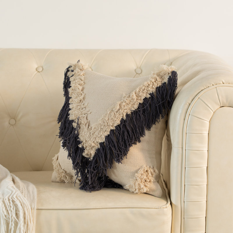 Charcoal Handwoven Cotton 16" Boho Throw Pillow Cover with Embossed Design