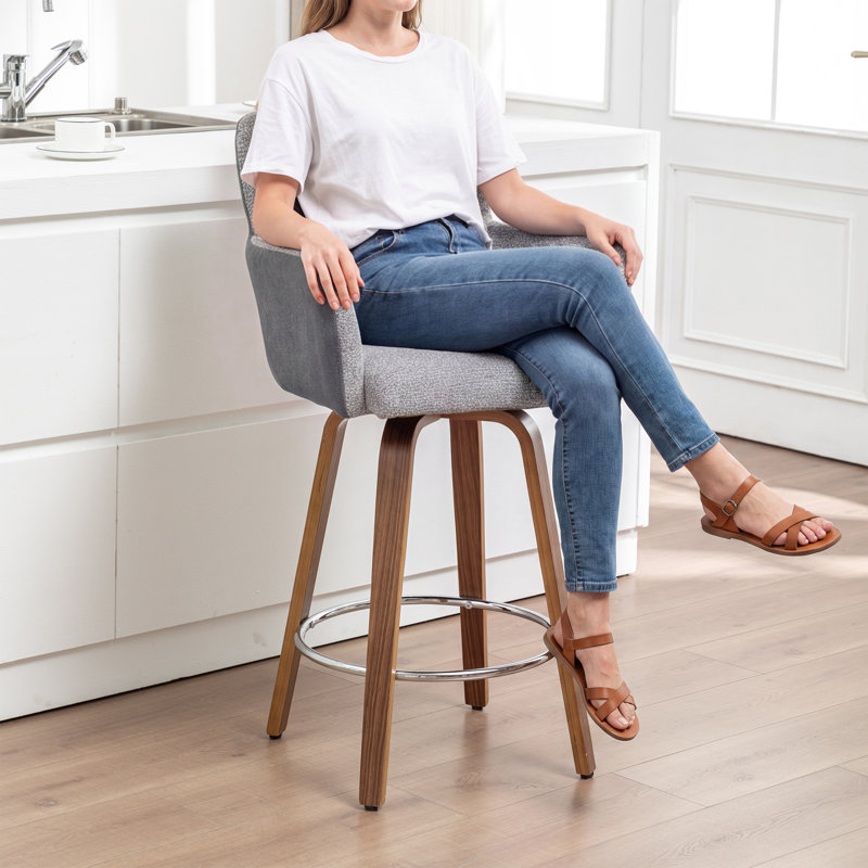 Swivel Upholstered Bar Stool with Solid Wood Frame, Light Grey