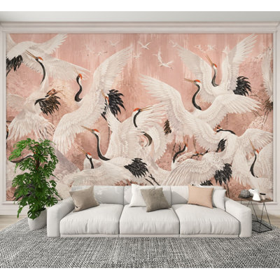 Peel and Stick Wallpaper Elegant White Cranes Pink Artistic Details Wall Murals 100"H x 144"W Removable PVC Wall Paper Self-Adhesive Wall Decor for Bedroom Living Room Home Office