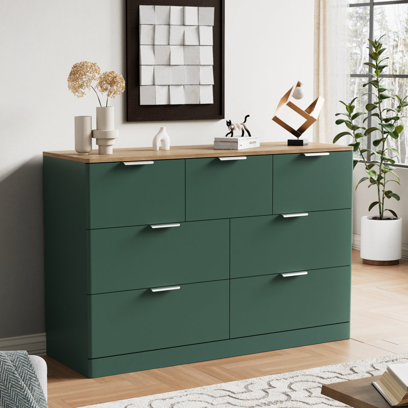 Commode 7 tiroirs pour la chambre à coucher, commode moderne de 47,2 po de largeur avec 7 grands espaces de rangement à bords arrondis, grande commode avec poignées en métal pour la chambre à coucher, vert et brun