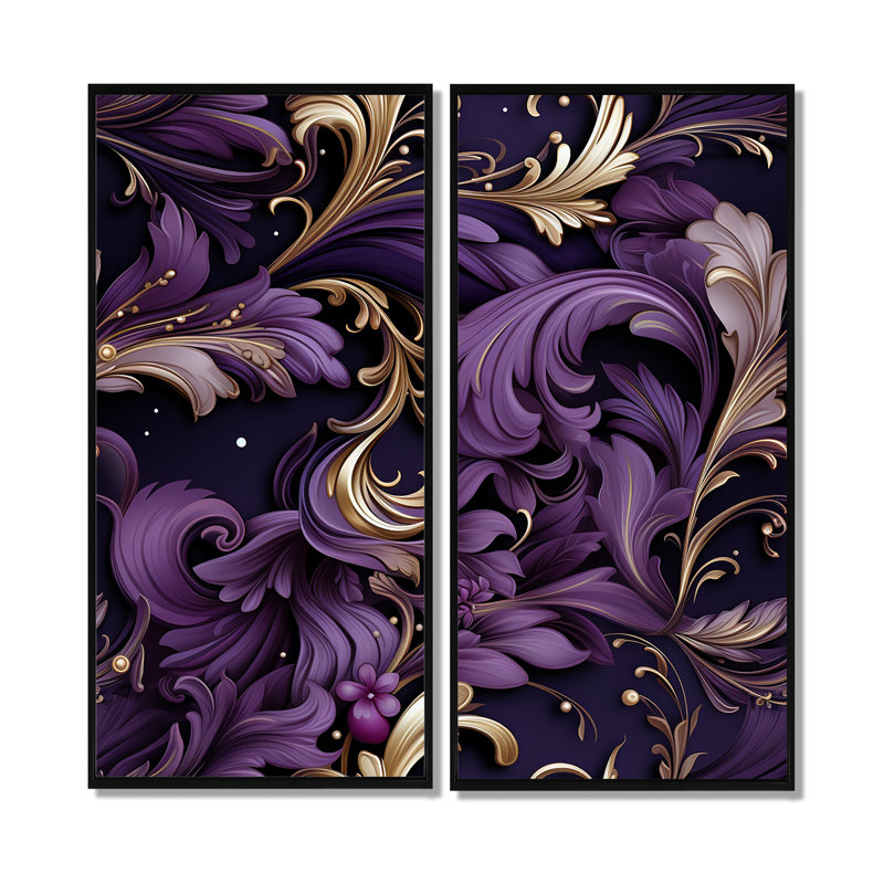 Motif damassé glamour doré et mauve - Glam, impressions sur toile modernes, 2 pièces, 32" H x 32" W, Noir