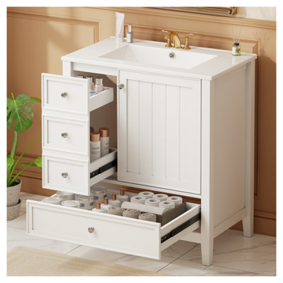 30-Inch White Bathroom Vanity with Sink, Cabinet, and Three Drawers