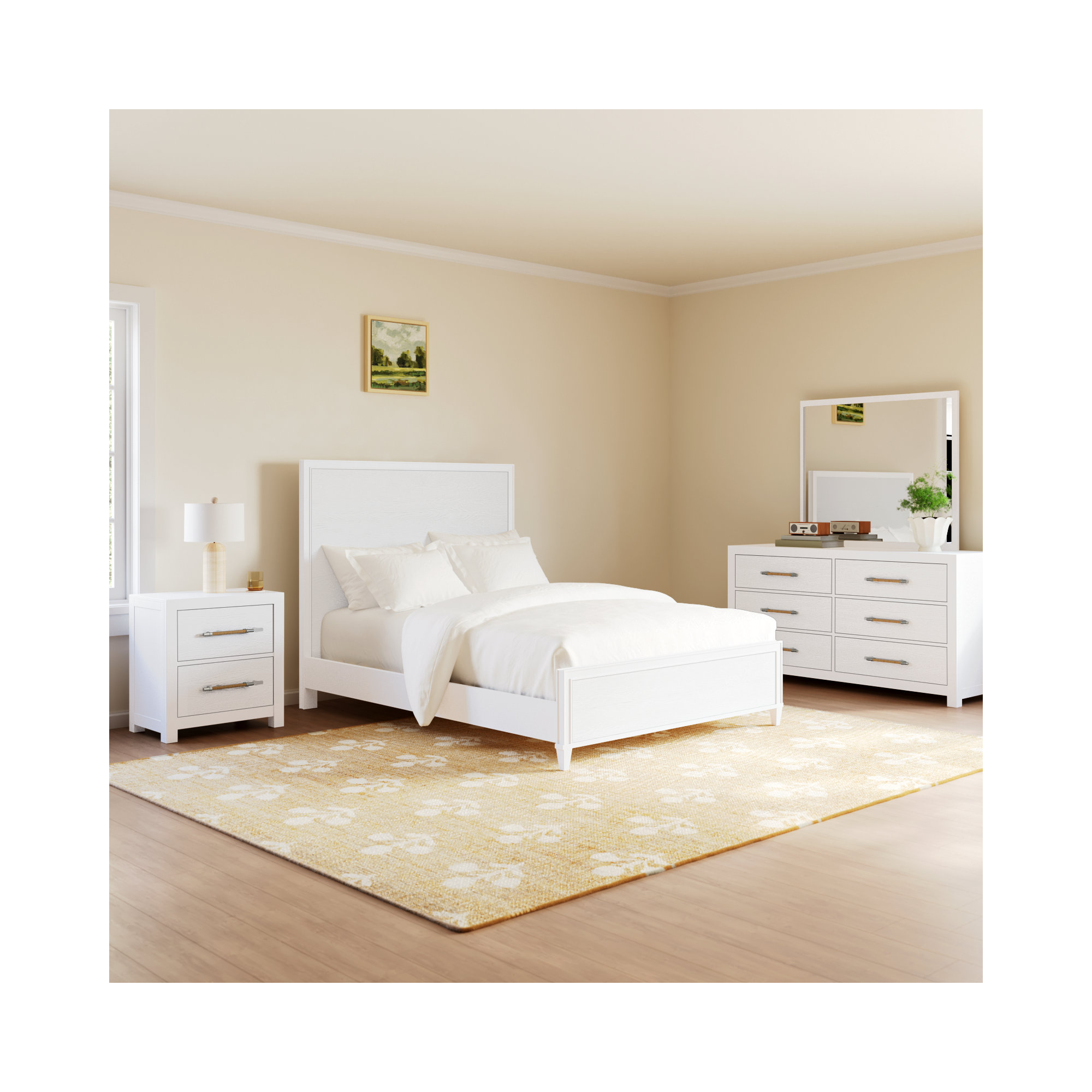 Lana Bedroom Set With White Nightstand And Dresser With Mirror, Queen