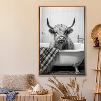 Shetland "Shetland Highland Cow in Bathaign With Bathel Drôle Bathroom Sign Decor Animal Photographie Art" sur toile