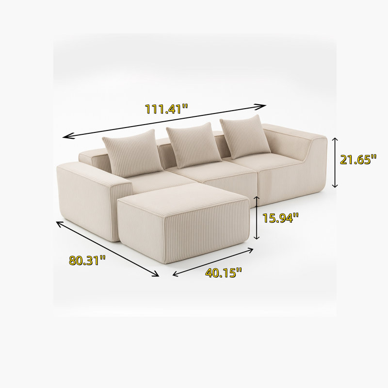 Canapé modulaire en velours avec repose-pieds, Beige
