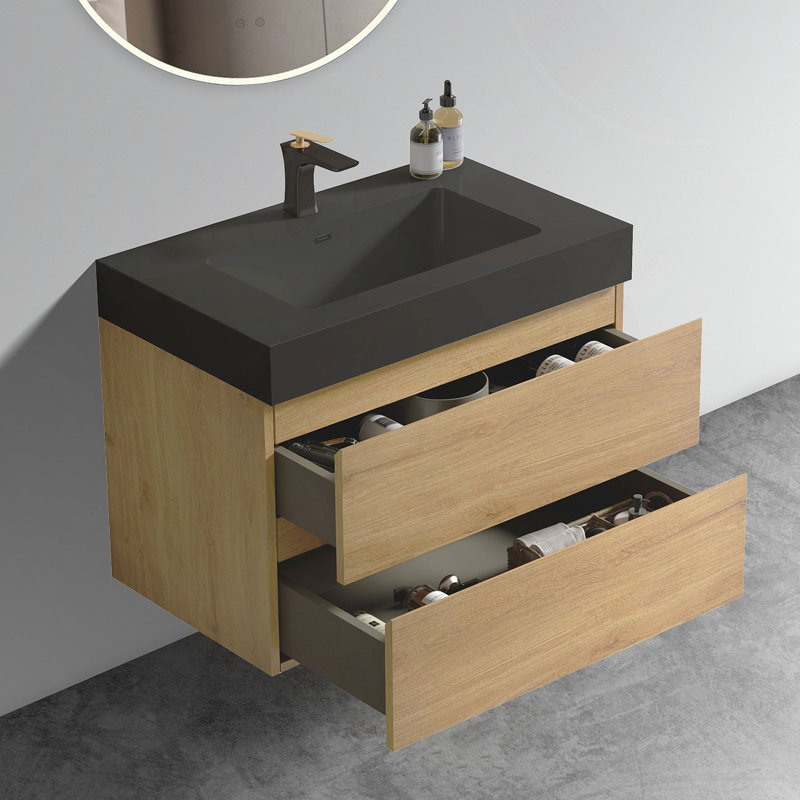 Meuble-lavabo de salle de bain avec lavabo, grand meuble-lavabo flottant mural pour salle de bain moderne, lavabo une pièce blanc brillant sans bonde ni robinet