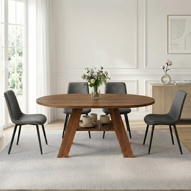 43.3''-59'' Extendable Round Dining Table For 4-6, Mid Century Modern Wooden Round Table With Removable Leaves Space Saving, For Kitchen Living Room