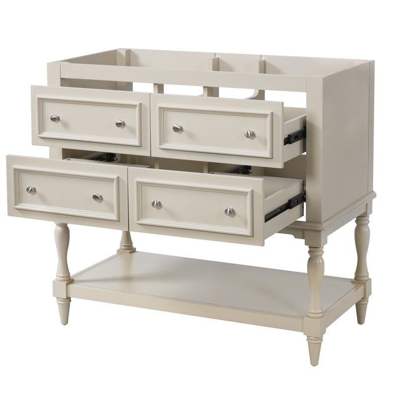 Armoire de salle de bain 36 po, ensemble de meuble-lavabo autoportant avec 4 tiroirs, structure en bois massif, Beige, Beige