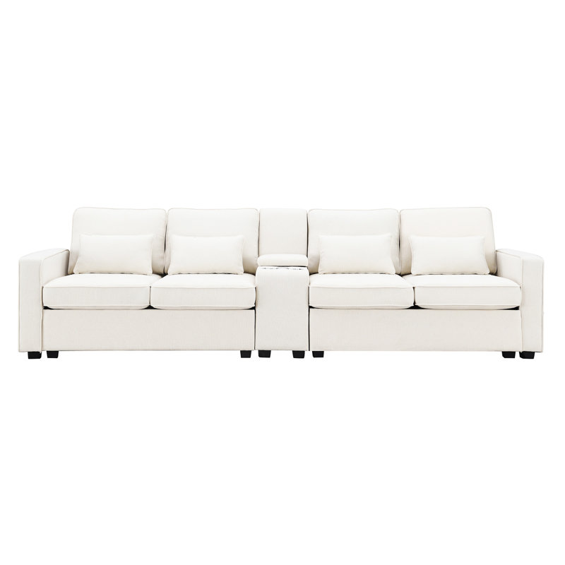 Console moderne rembourrée avec 2 pièces, 114,2 po, 4 pièces, tissu en lin, structure en bois massif, siège en éponge respirante, console pour appartement 4, ports, base, décoration de la maison