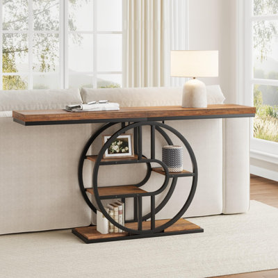 55" Industrial Entryway Console Table – 5-Tier Narrow Sofa Table with O-Shaped Metal Frame & Storage Shelves, Long Hallway Entrance Table for Living Room, Dark Grey