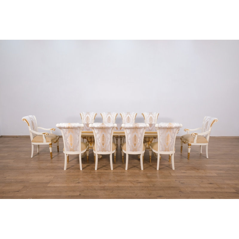 Maggiolini Extendable Dining Set, 9 Piece Dining Set, Natural Wood/Beige & Gold, Light sand beige