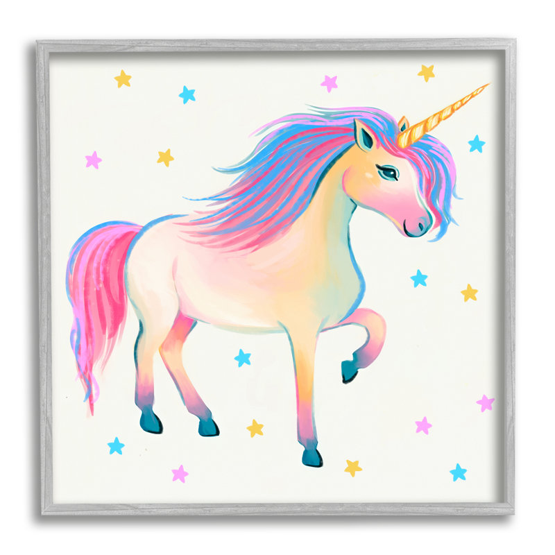«Pastel Unicorn & Stars» encadré sur bois par Ziwei Li, H 17 po x l 17 po x P 1,5 po, Estampe numérique Farmhouse