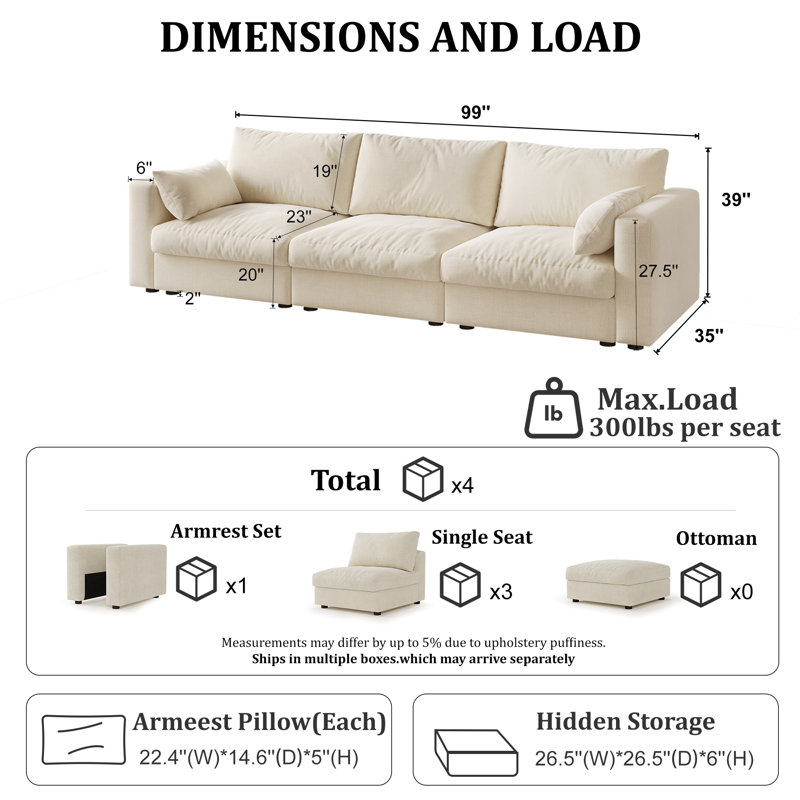 Canapé modulaire de 99 po avec rangement, Chenille beige