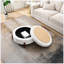Pouf de rangement rond en tissu crème Teddy de 84 cm (33 po), repose-pieds et assise rembourrée en mousse, pieds en bois de noyer, tabouret moderne pour salon, chambre ou entrée.-795734390