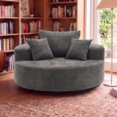 Fauteuil pivotant rond surdimensionné de 55 po, fauteuil en mélange de coton chenille rotatif à 360 °, coussin en mousse haute densité, fauteuil d'appoint moderne et confortable pour salon, chambre à coucher, coin lecture, appartement et bureau, gris