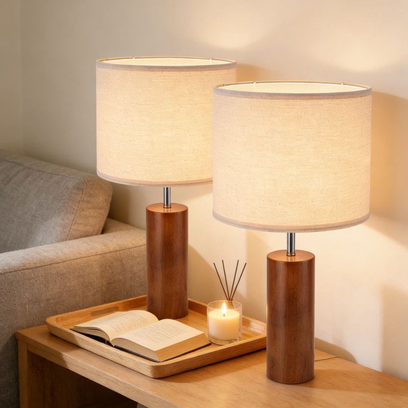 Set Of 2 Wood Table Lamps, 23.5 Inch Vintage Farmhouse Bedside Lamps With Linen Shade For Living Room, Bedroom, Or Office Desk, Walnut Finish