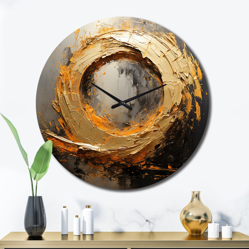 Horloge murale, décor abstrait en spirale dorée - Spiral rétro, peinture dorée sur fond noir I, Très grand