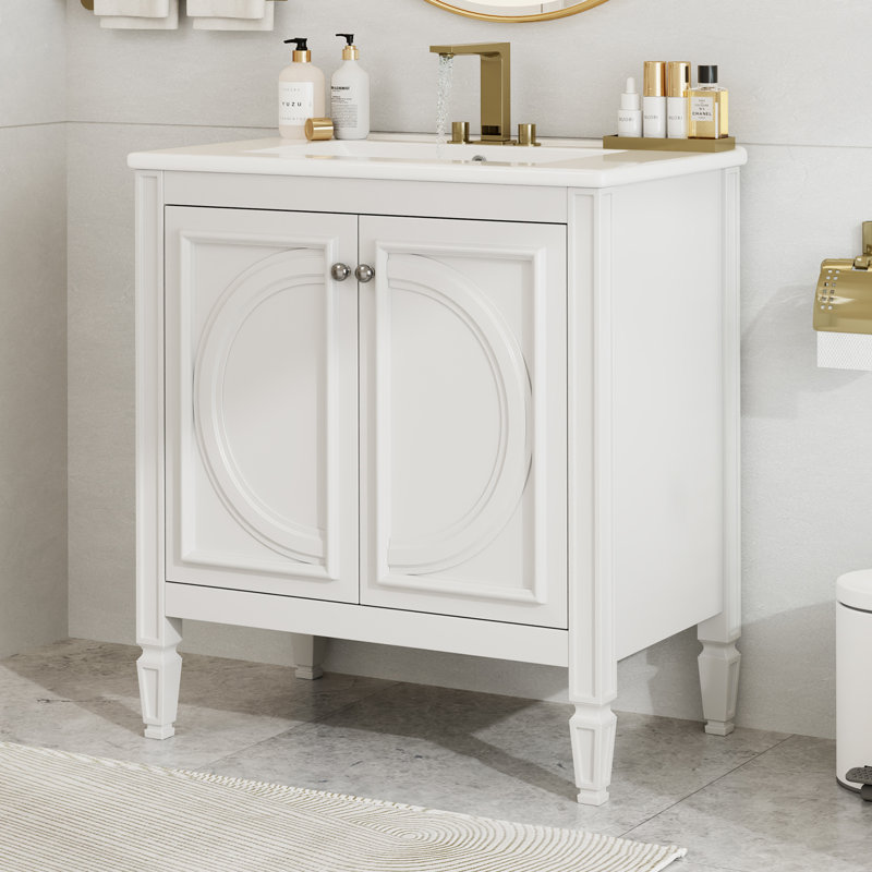 Meuble-lavabo 30 po avec lavabo, deux portes avec tablette, charnières de porte à fermeture en douceur, style rétro, blanc