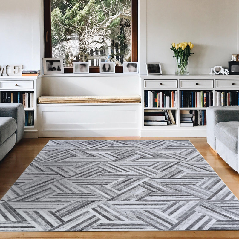 Geometric Grey Black Non Skid Performance Area Rug, Rectangle 3'9" x 5'5"