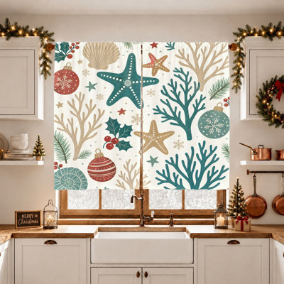 2Pcs Coastal Christmas Theme Curtains, Seashell Starfish Baubles Print, Light Filtering, Rod Pocket Design, for Living Room Bedroom Balcony Kitchen Home Decor
