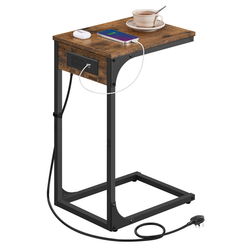 C-Shaped Side Table, End Table With Charging Station, For Couch, Sofa, Adjustable Feet, For Bedroom, Living Room, 2 USB Ports And Outlets, Rustic Brown