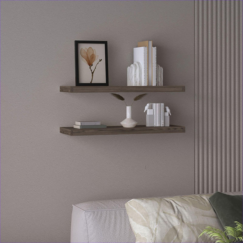 Tablettes murales flottantes brun riche, ensemble de 2 tablettes orientées rangement, fabrication de panneaux de particules, largeur de 31,5 pouces pour le décor et le rangement dans la chambre à coucher, la salle de bain et le salon