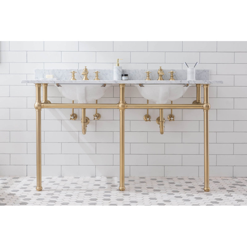 Copeland 33" Tall Stone Oval Console Bathroom Vanity with Faucet and Overflow, Satin Brass