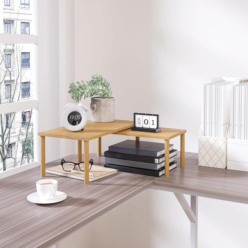 Tablette de rangement d'armoire (ensemble de 2), tablettes de comptoir de cuisine, comptoir à épices empilable en bambou (grand)