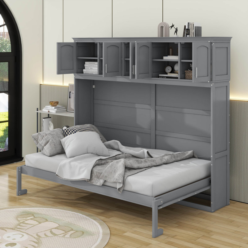 Lit escamotable avec armoires supérieures Murphy, Gris, Grand lit
