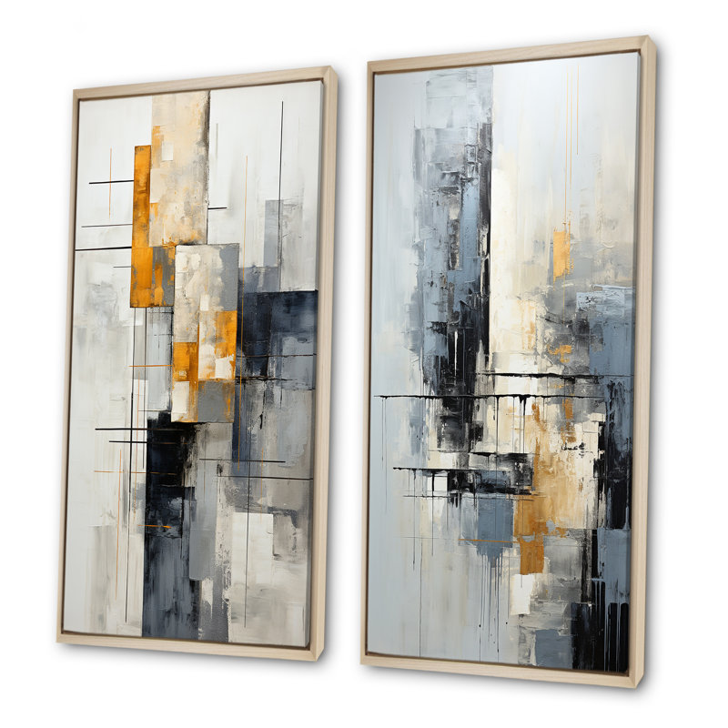 Ensemble de 2 impressions sur toile abstraites grises et blanches I - Collages abstraits, H 40 po x l 41 po, Encadrement brun
