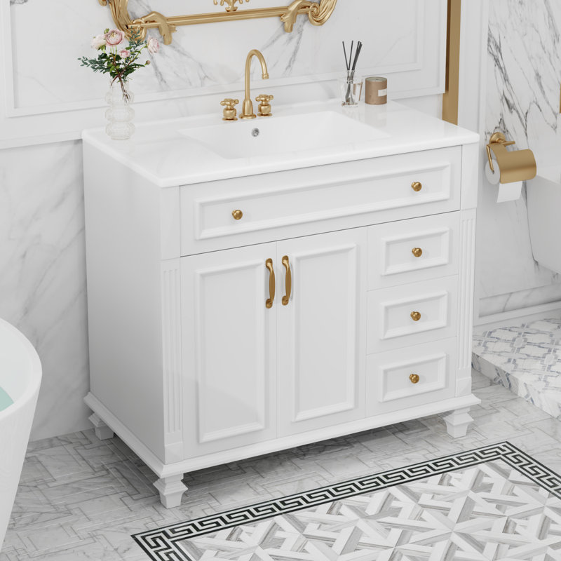 Meuble-lavabo 36 po avec lavabo, bois massif et panneau de fibres à densité moyenne, rangement à fermeture en douceur, Blanc