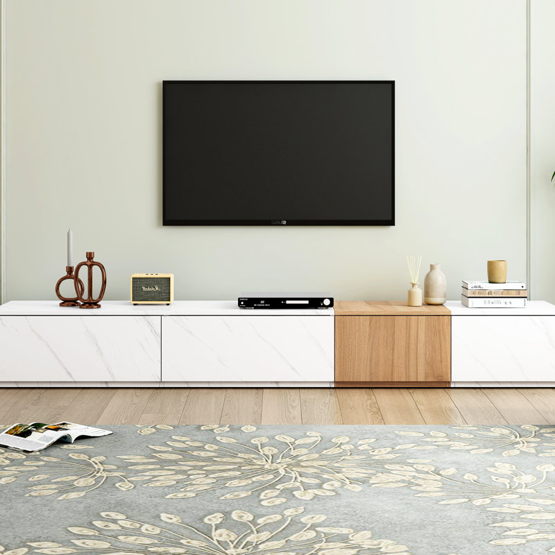 Stylish Tv Stand With Faux Marble & Walnut Finish, 4 Drawer Storage For 88" Tvs, Unit Chic White Walnut, Drawers Living Room Accent