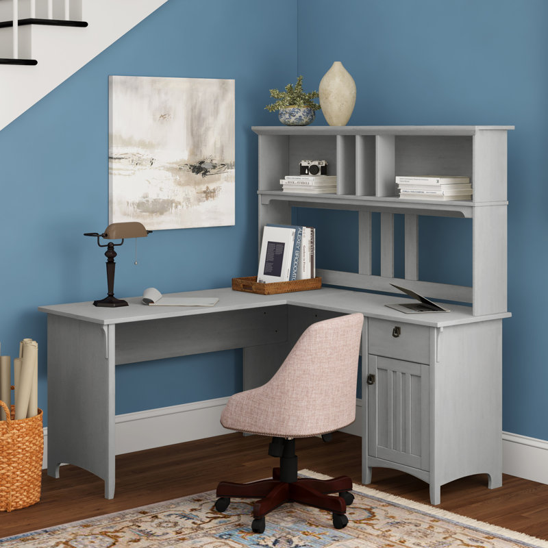 Paelynn L Shaped Credenza Desk with Hutch, Cape Cod Gray