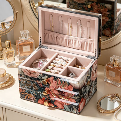 3 Layer Glass Jewelry Box with Velvet Lining, Large Capacity Organizer for Rings, Necklaces, Earrings, Bracelets, Peony Floral Design, Gift for Women