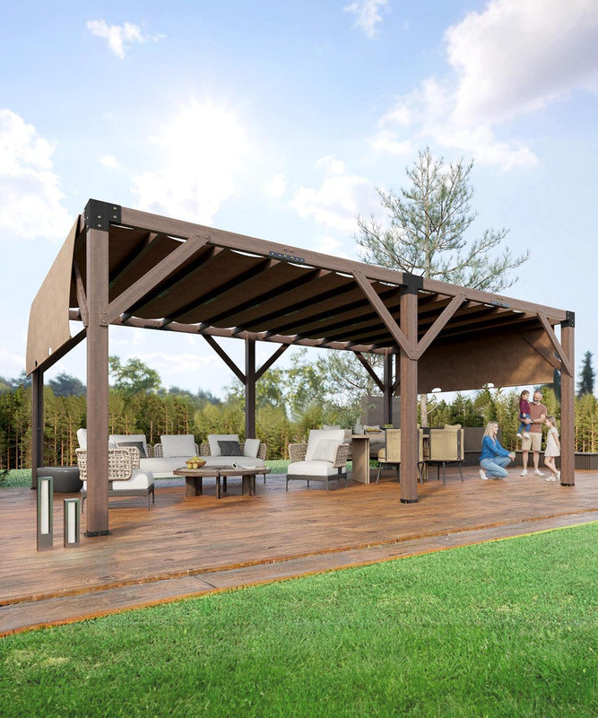 12x20 FT Cedar Pergola with Adjustable Canopy, Solid Wood Structure for Deck, Garden & Backyard