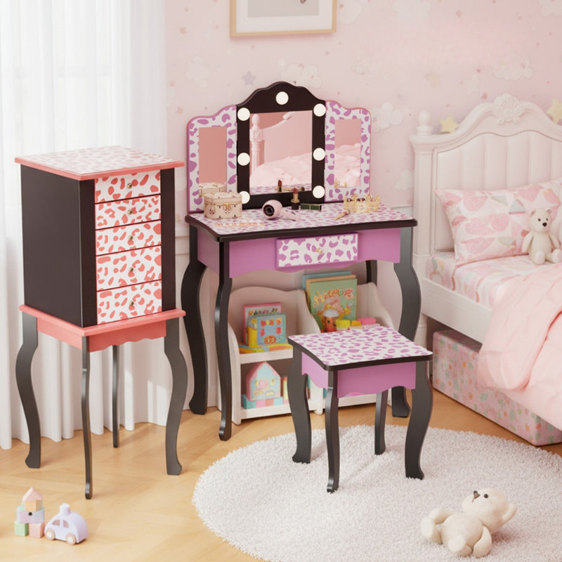 Kids MDF Vanity Table Set In Purple With 1 Drawer With 3-Color Dimmable LED Bulb, Black/Purple