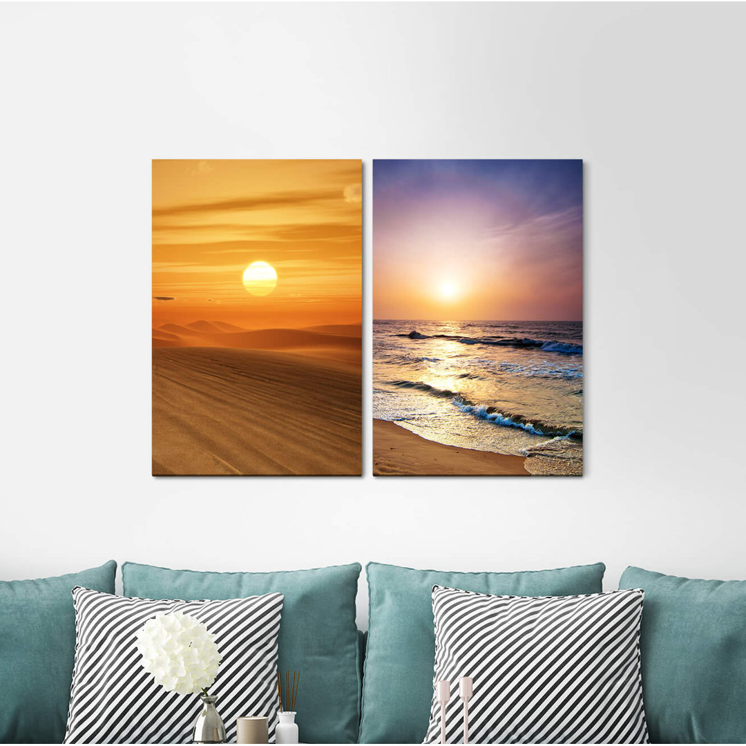 2-tlg. Leinwandbilder-Set - Fotografie „Desert Sahara Sun Sea Horizon Waves Beach”