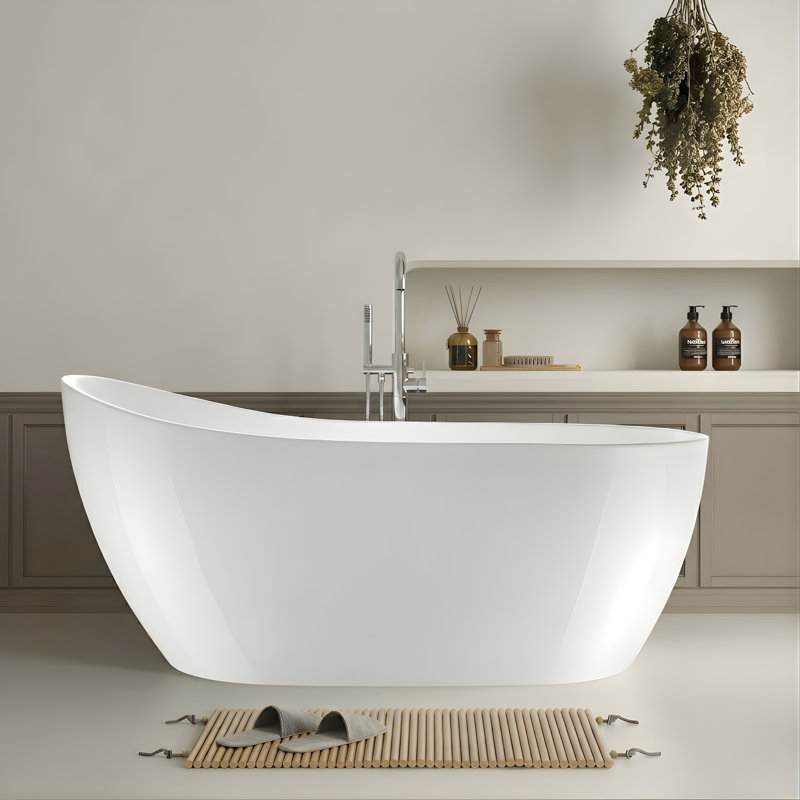 Amara Acrylic Freestanding Soaking Bathtub, White/Polished Chrome, 28" H x 67" L x 28.3" W
