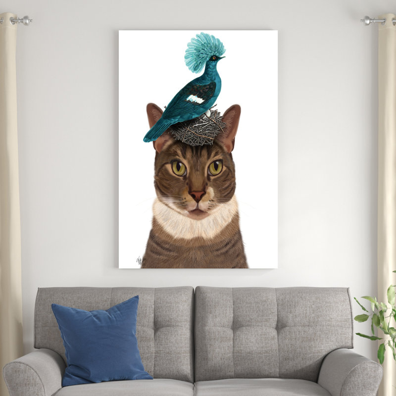 Chat avec nid et oiseau bleu, H 48 po x l 32 po x P 1 po