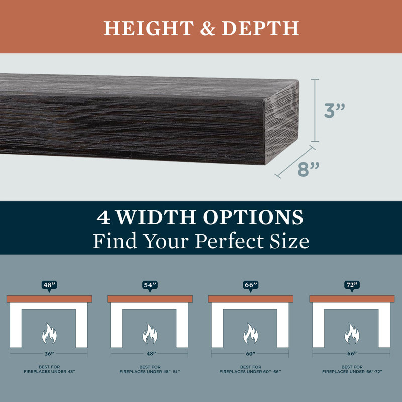 Modern Ember Vara Wood Mantel Shelf - 3 Inch Height - Variations in Grain and Natural Distressing, Ebony, 66"