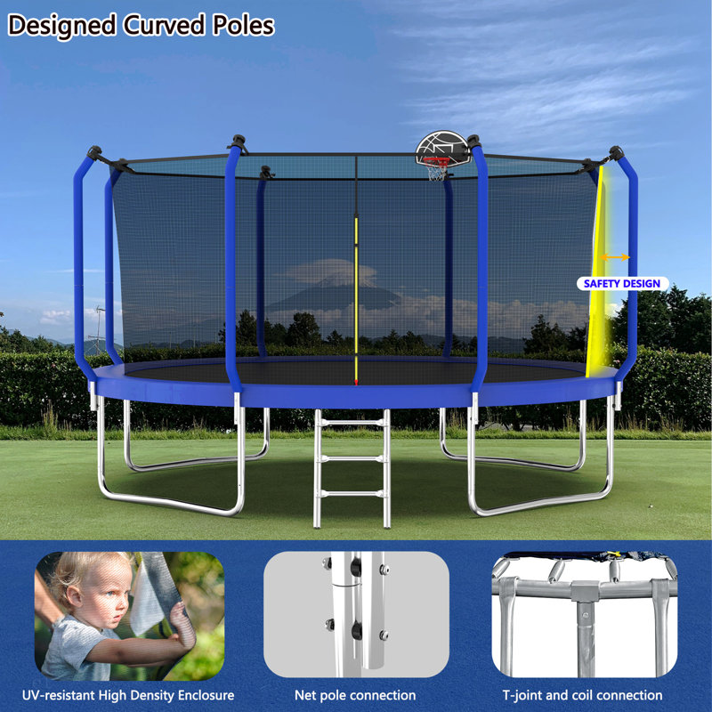 Trampoline 14FT avec panier de basketball, trampoline d'extérieur renforcé de type ASTM avec filet d'enclos