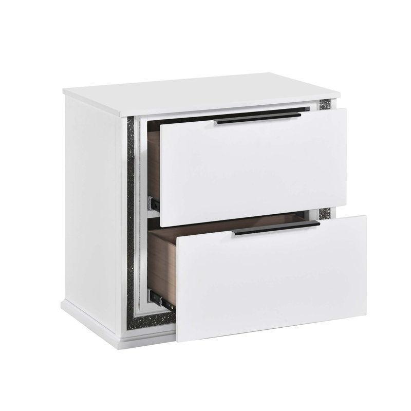 Table de chevet contemporaine au fini blanc glamour avec deux tiroirs et éclairage DEL, parfaite pour les chambres à coucher modernes