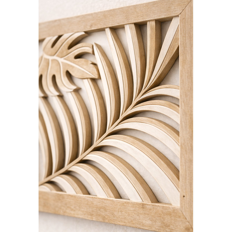 Hand-Carved Palm Leaf Wood Wall Panel, 12" x 12" – Whitewashed Tropical Coastal Cutout Decor for Entryway, Bathroom, or Office