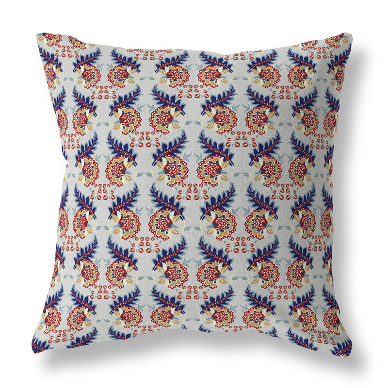 Coussin décoratif botanique intérieur / extérieur Botanical Bouquet, H 20 po x l 20 po, Bleu/Rouge/Orange