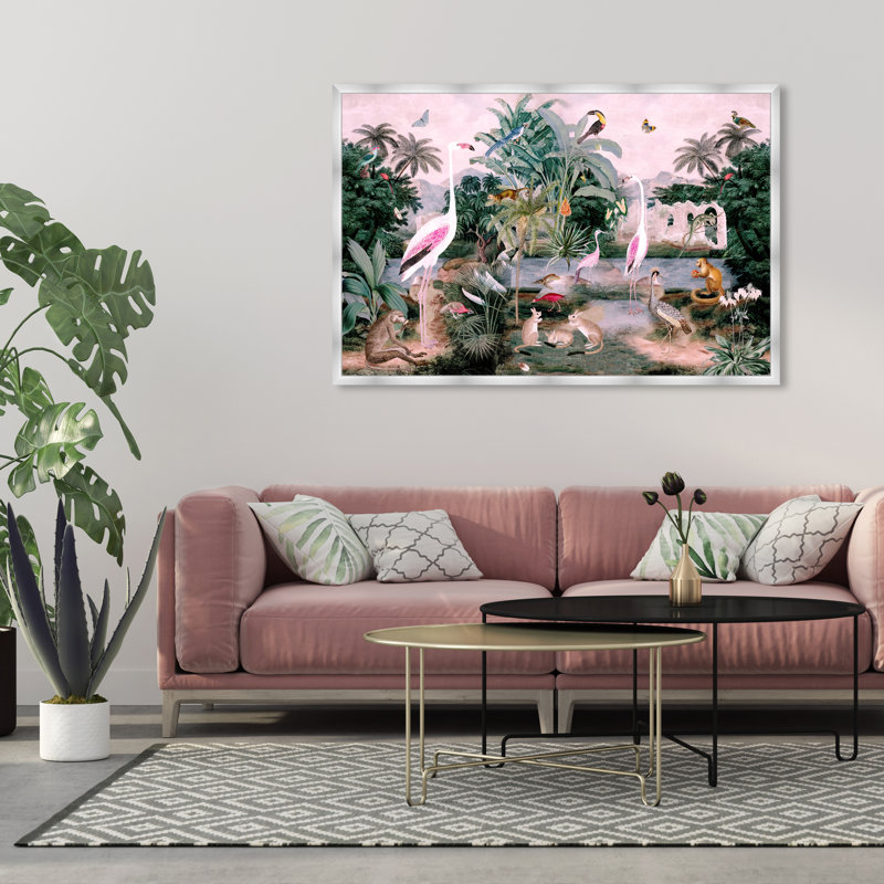 Animaux, The One Place Day Birds par Oliver Gal - peinture sur toile, H 42 po x l 62 po, Cadre argenté